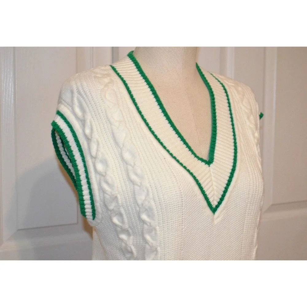 TALBOTS Sweater Vest Womens XS White Cable Knit V Neck Green Trim Preppy - Picture 3 of 13